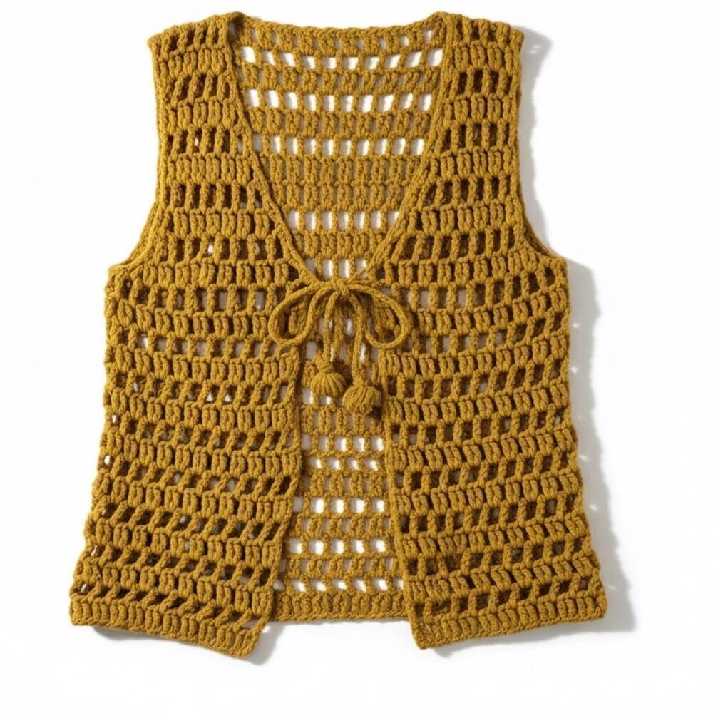 Handmade Mustard Yellow Crochet Tie Front Vest XS Boho Festival Y2K Hippie Indie